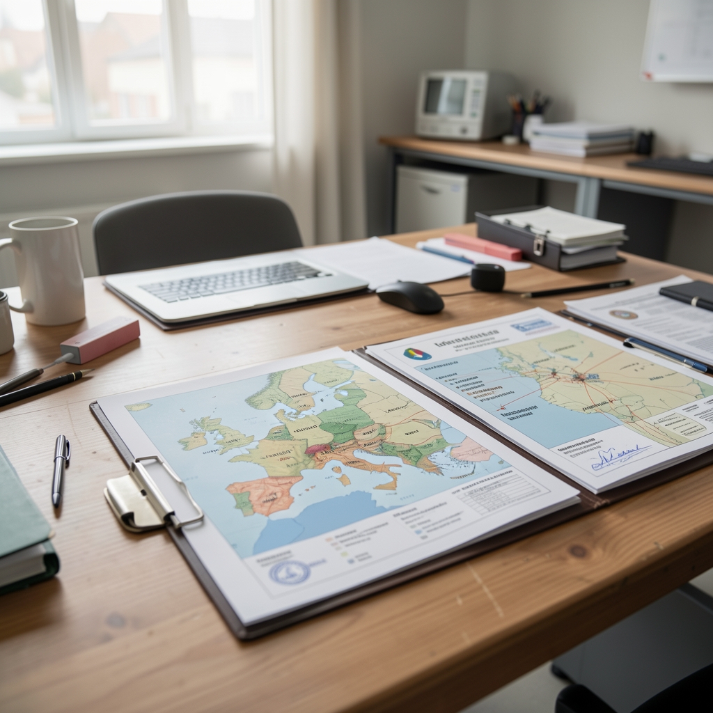 Dokumentacja audytu dostawcy — teczki z certyfikatami zakładów i mapą geograficzną origin surowców na stole pracowni przy kontrolowanym oświetleniu